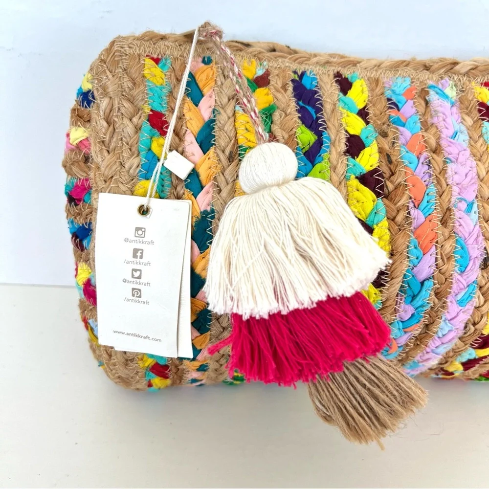 ANTIK KRAFT Beige Woven Jute Raffia Multicolor Braided Strip Fabrics Clutch NWT